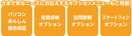 さまざまなニーズにお応えするオプションメニューもご用意!パソコン安心総合保証/定期点検オプション/訪問診断オプション/スマートフォンオプション